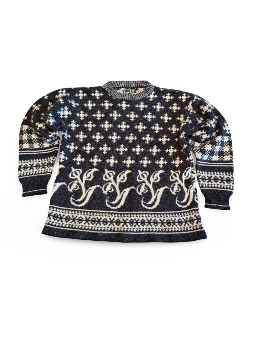 ZINO & JUDY Vintage 90s Nordic Fair Isle Scroll Knit Sweater Oversized Crewneck